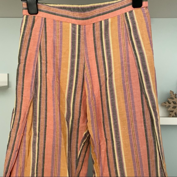 DREW (Anthropologie) Whitney Coral Striped Wide Leg Side Slit Linen Blend Pants - Picture 4 of 15